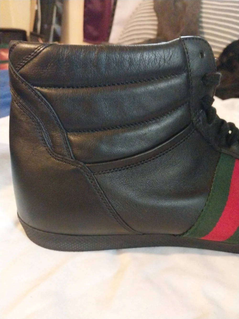 Gucci Black Leather High-Top Sneakers with Red & Green Web Stripe Size 12